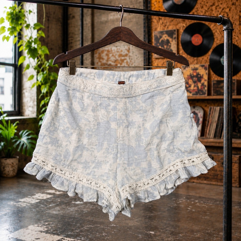 Free People Floral Crochet Lace Ruffle Shorts Blue White High Waisted Womens